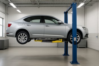 Side view of a car on a lift in a tidy garage