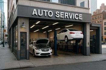 City workshop with cars parked outside on a narrow street