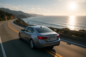 Car driving along a coastal highway at sunset