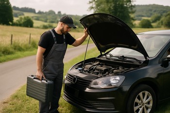 Car parked on a rural roadside next to fields