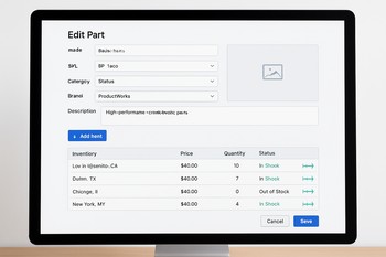 Screen with an update panel for car part fitment data