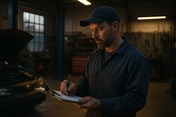 Evening checklist on a workbench with tools and parts