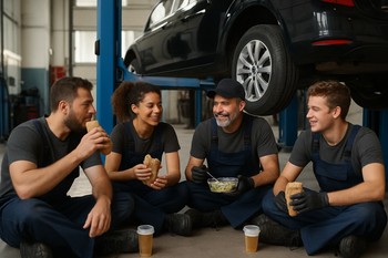 Lifted car in a workshop during midday break