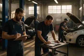 Mechanic taking notes next to a car during morning intake