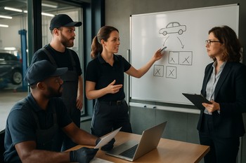 Workshop team planning repairs next to a car on a lift