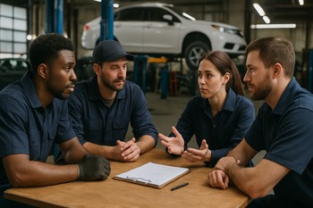 Group of mechanics discussing repair notes at a workbench
