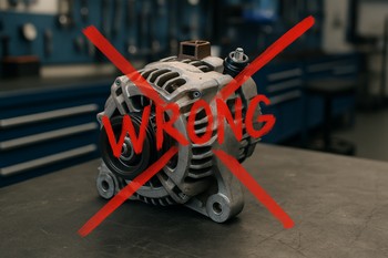 Wrong car part on a workbench next to the correct one for comparison