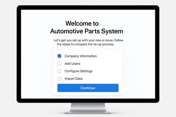 Mechanic logging into a parts catalog on a laptop for the first time