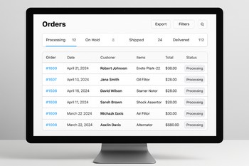 Screen showing an order flow with steps from search to delivery
