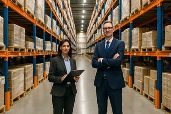 Long warehouse aisle with shelves full of labelled car parts
