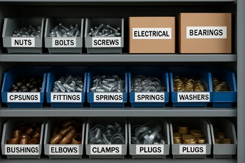 Shelves with clearly labelled boxes of car parts