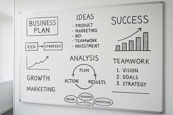 Whiteboard filled with notes about parts catalog improvements