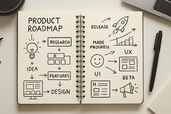 Notebook with hand-drawn sketches of future catalog layouts