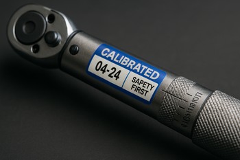 Calibrated torque wrench laid out on a bench next to wheel bolts