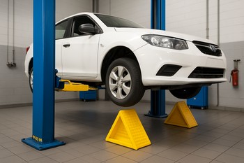 Car on a lift with wheels chocked and safety stands in place