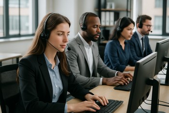 Support specialist on a call with workshop tools in the background
