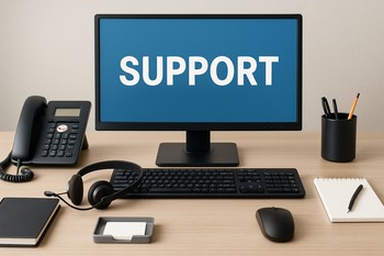 Support specialist at a desk with workshop tools on the shelf behind