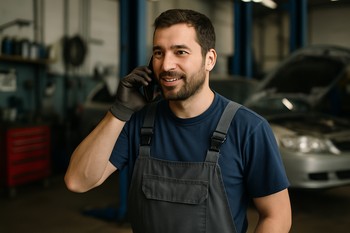 Mechanic on the phone next to a car on a lift