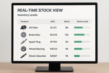 Stock overview screen with coloured indicators for each warehouse