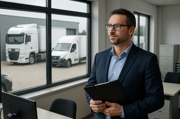 Fleet manager checking service plans on a laptop in a parking lot