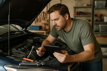 Home mechanic working on a car in a driveway with tools on the ground