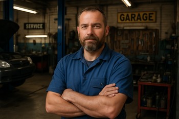 Small garage owner talking to a customer next to a lifted car