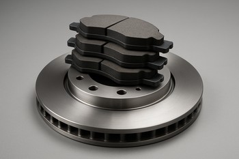 Stack of new brake pads placed on top of a ventilated disc
