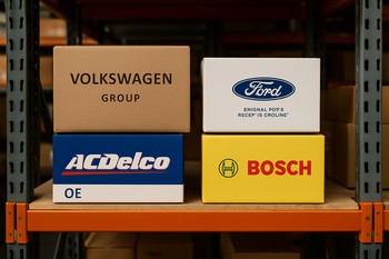 Shelf with neatly stacked OEM car part boxes