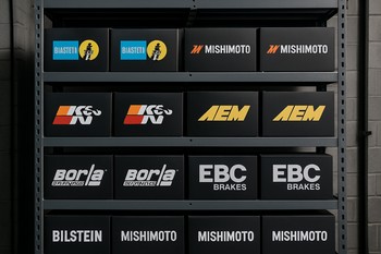 Premium branded car part boxes arranged on a metal rack