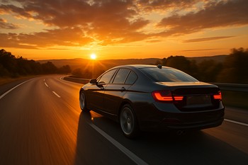 Car driving along a highway at sunrise seen from behind