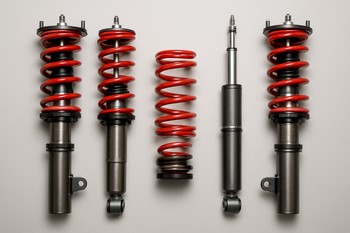 Coilover suspension kit with springs and dampers laid out symmetrically
