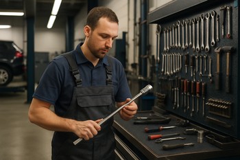 Driver in a home garage sorting wrenches and sockets on a workbench