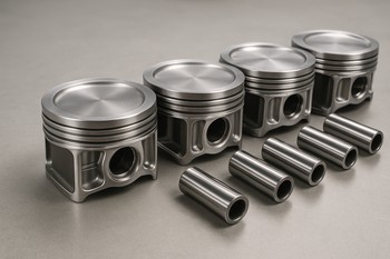 Set of forged engine pistons with wrist pins aligned in a row
