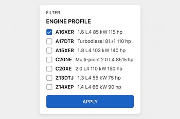 Catalog filter panel showing engine profile with code and fuel type