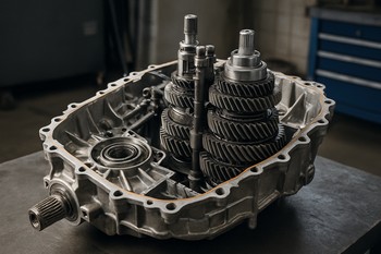 Opened gearbox case with visible gears and bearings on a clean bench