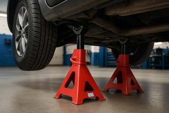 Car supported securely on jack stands in a garage