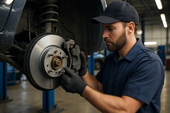 Brake caliper and disc during a brake service in a garage