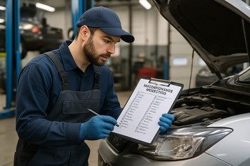 Mechanic checking air and cabin filters during inspection