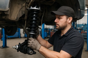 Suspension arms and bushings laid out on a workshop bench