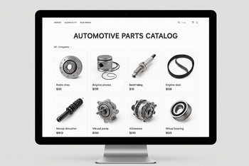 Desktop catalog grid view with multiple part cards on screen
