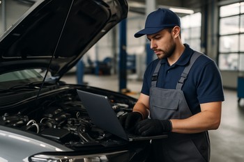 Mechanic using a laptop for diagnostics next to an open engine bay