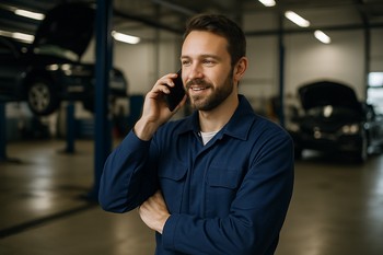 Mechanic on a phone call next to a car on a lift