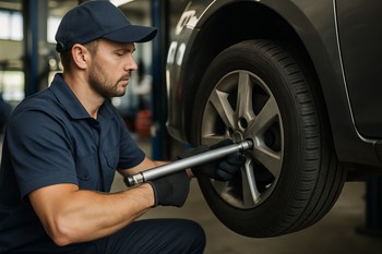 Mechanic torqueing wheel bolts on a lifted car