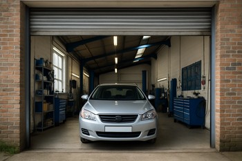 Garage door open with a car ready for the next repair job