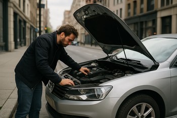 Car with open hood parked on a city street at dusk