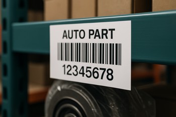 Close view of a labelled car part box on a warehouse shelf