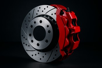Ventilated performance brake disc and caliper on a dark background