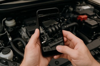 Phone taking a photo of an engine bay component