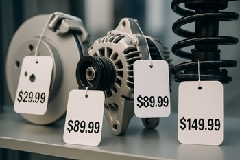 Close-up of car parts with coloured price tags attached