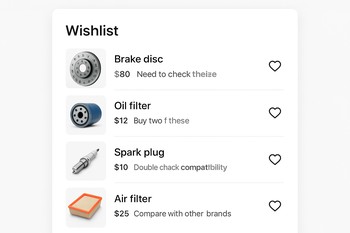 Tablet with a saved shortlist of car parts and notes